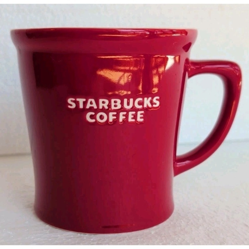 Starbucks Red Coffee Mug Set 2009 Bone China D Handle Embossed Logo HTF 16 OZ